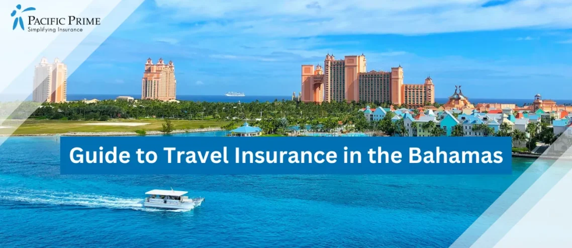Image of White Boat On Water Near City Buildings With The Atlantis, Bahamas with text overlay of "Guide to Travel Insurance in the Bahamas"