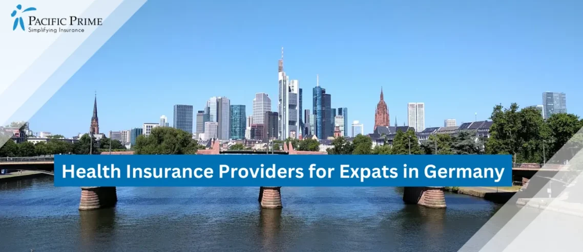 Image of White Bridge Over River With Frankfurt Skyline In The Background with text overlay of "Health Insurance Providers for Expats in Germany"