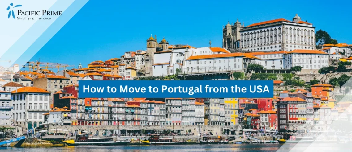 Image of White Waterfront Buildings Along The River In Porto, Portugal with text overlay of "How to Move to Portugal from the USA"