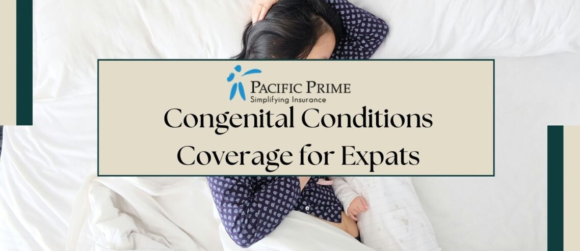 Image of a Woman And Baby On Bed with text overlay of "Congenital Conditions Coverage for Expats"