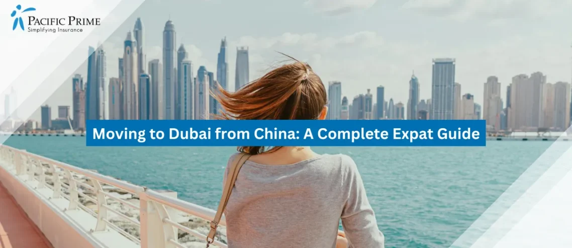 Image of Woman Overlooking The Dubai Marina Skyline with text overlay of "Moving to Dubai from China: A Complete Expat Guide"