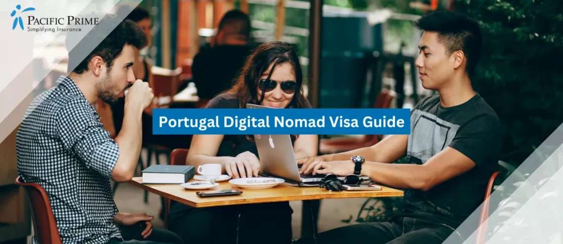 Image of Young Adults Collaborating On A Laptop At An Outdoor Café with text overlay of "Portugal Digital Nomad Visa Guide"